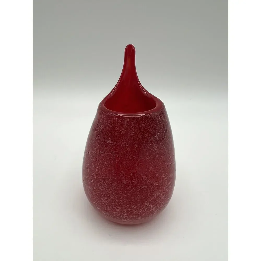 Hand Blown Red Art Glass Stretch Lip Spouted Bud Vase 4” Mid Century Style